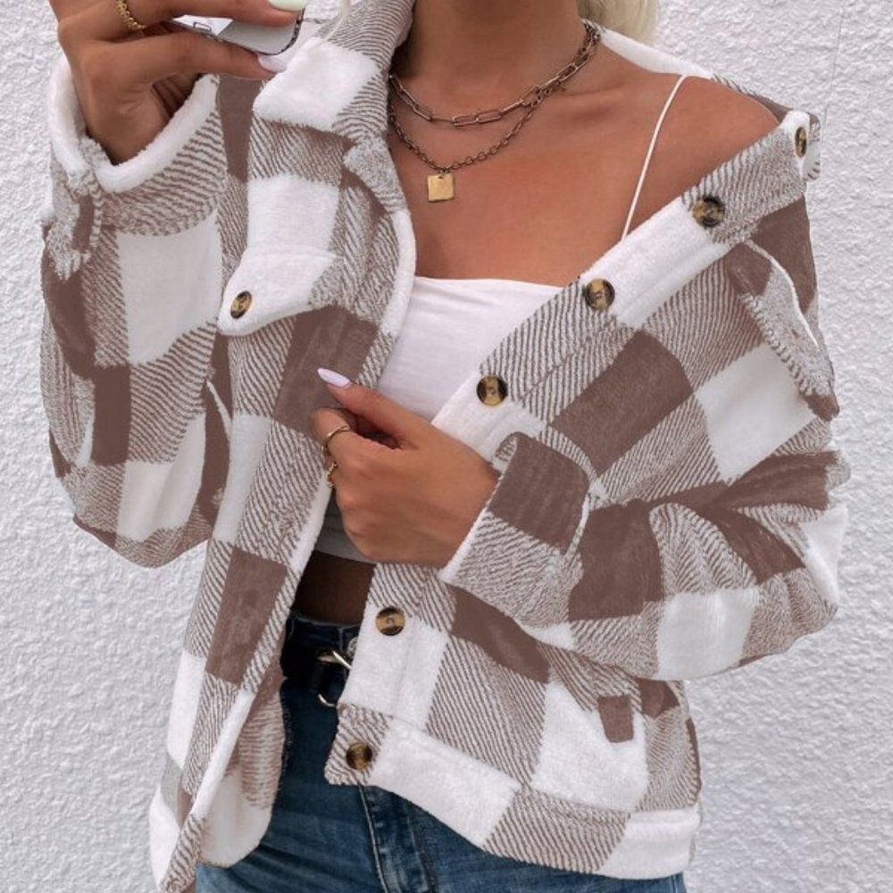 AESTHETIC TAN PLAID PATTERN POCKETED TEDDY JACKET - Picture 1 of 5